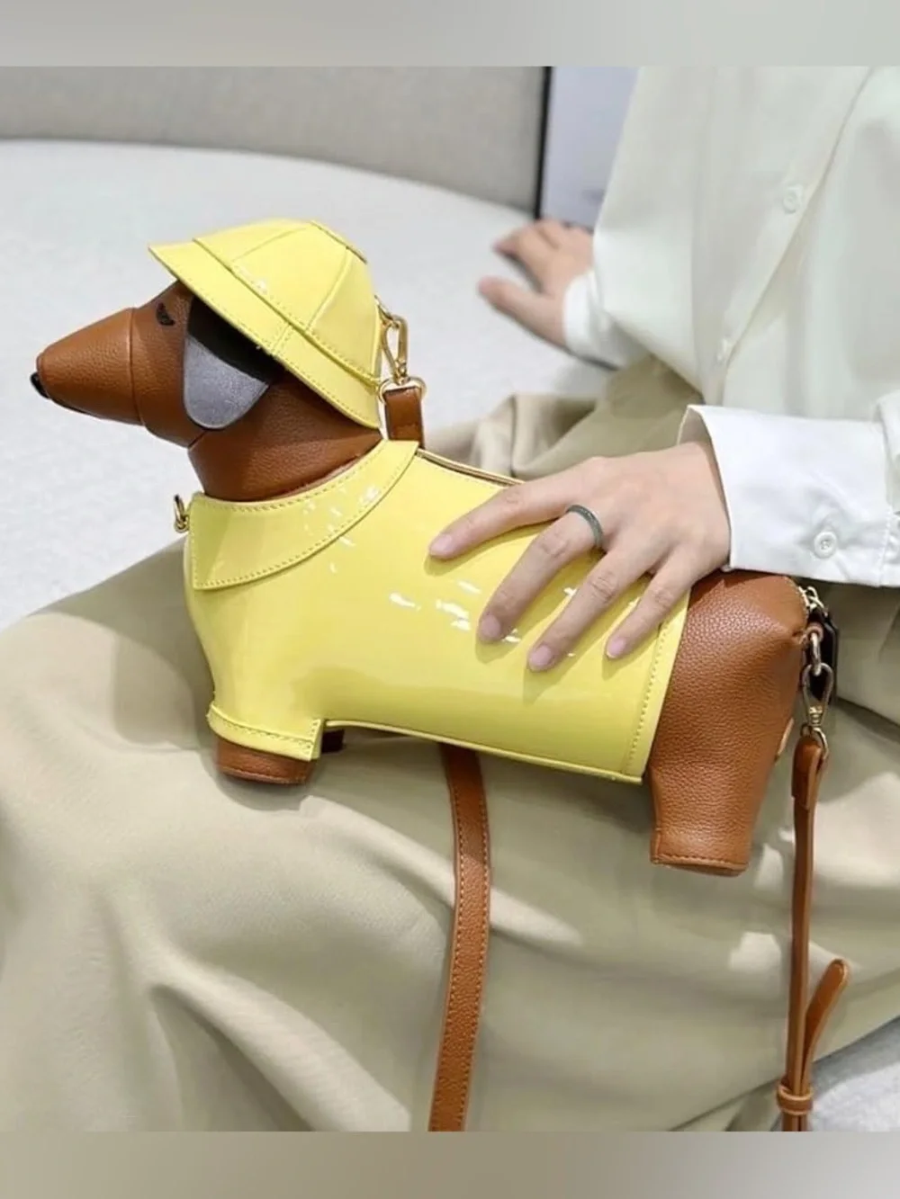 Yellow Dachshund Crossbody Bag with Brown Accents